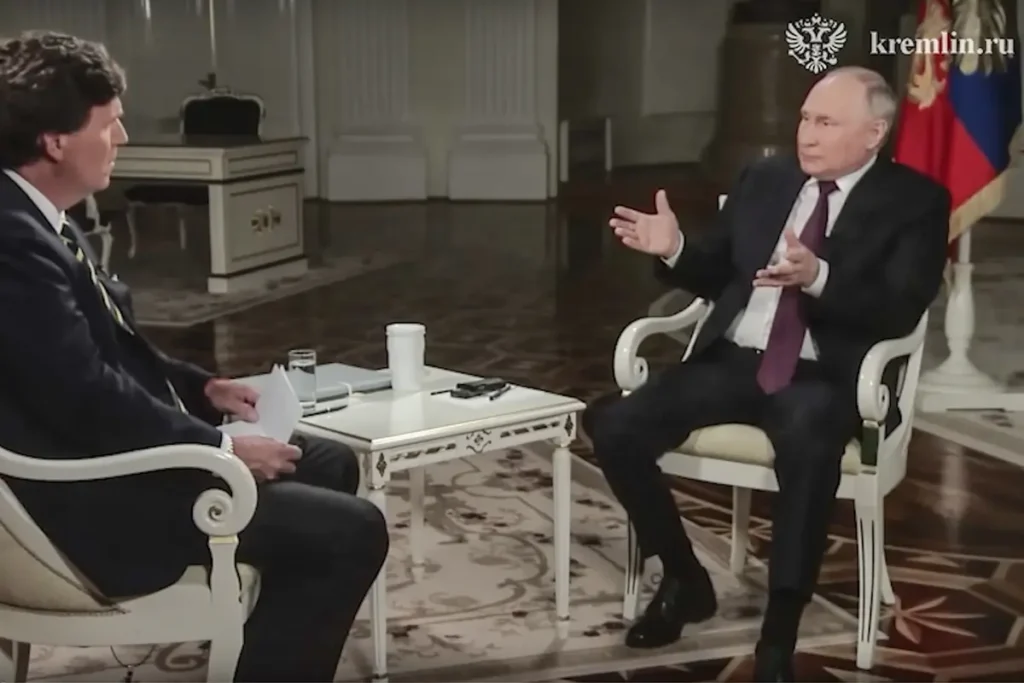 Владимир Путин во время интервью Такеру Карлсону 6 февраля 2024 года. Источник: скриншот видео с Youtube-канала «Kremlin».